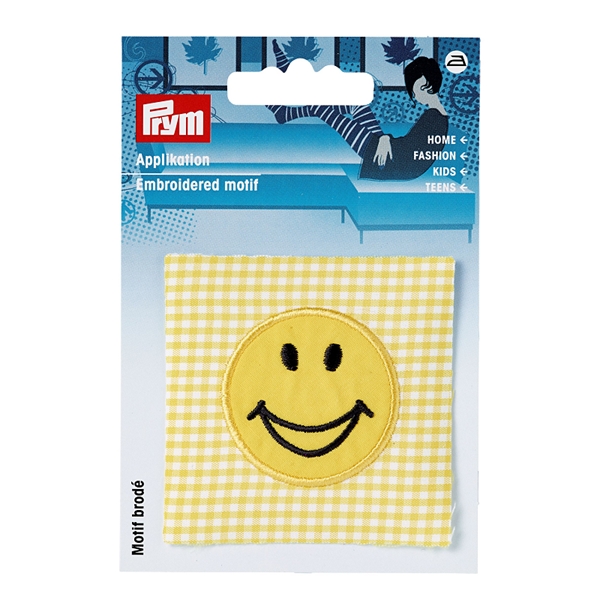 Ecusson Smiley sur tissu jaune/blanc
