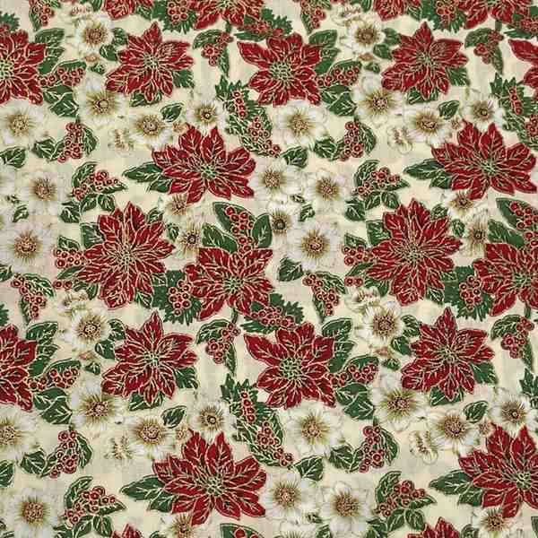 TISSU COTON FLEURS DE NOËL POINSETTIA FOND ECRU