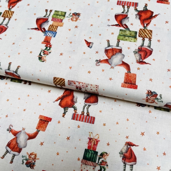 TISSU COTON IMPRIME DE NOEL LUTIN CADEAUX 