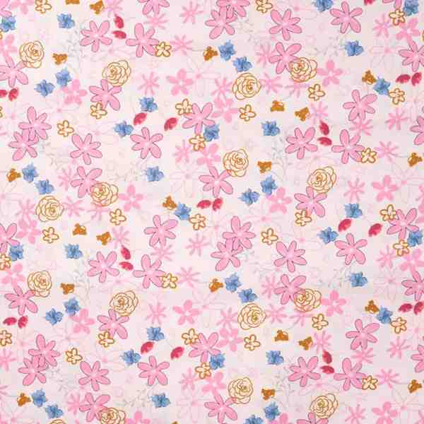 TISSU COTON IMPRIMÉ FLEURS ROSES ET BLEUES