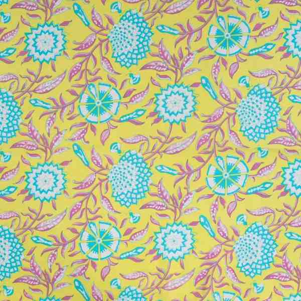 TISSU COTON IMPRIMÉ FLORAL ETHNIQUE JAUNE