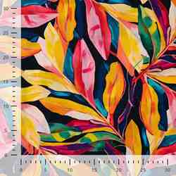 TISSU COTON LIN IMPRIMÉ FEUILLAGE COLORÉ FOND NOIR