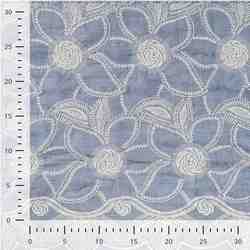 TISSU COTON BLEU BRODERIE FLEURS