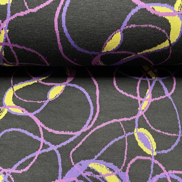  TISSU TRICOT JACQUARD CERCLES NOIR VIOLET 