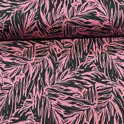 TISSU SATIN COTON FEUILLAGE ROSE