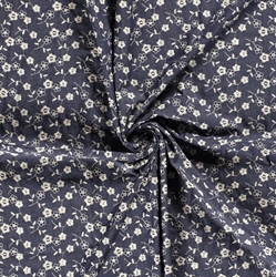 TISSU CHAMBRAY JEAN INDIGO BRODERIE ROSE