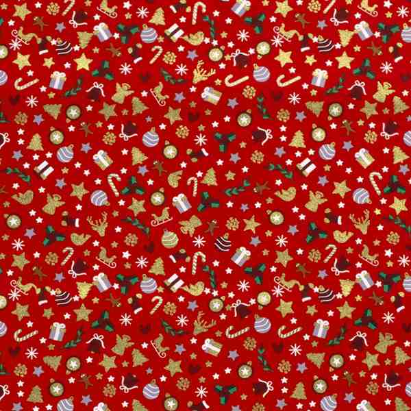 TISSU NOËL COTON MOTIFS FESTIFS DORÉS FOND ROUGE 