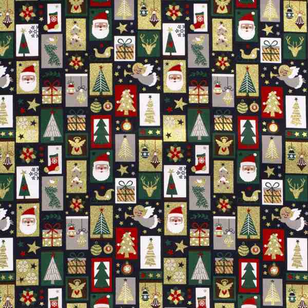 TISSU NOËL COTON PATCHWORK ICÔNES DORÉES FOND VERT