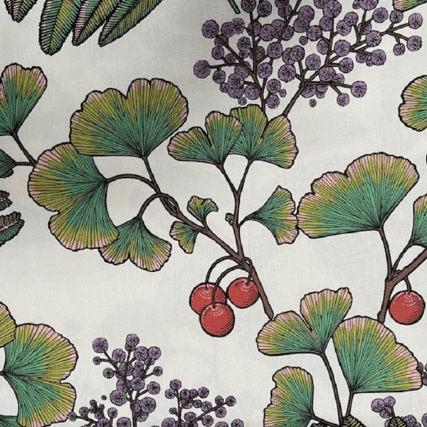 TISSU TOILE COTON FEUILLES DE GINKO FOND CREME