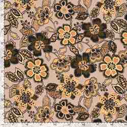 TISSU POLYESTER SATIN IMPRIMÉ FLORAL NUDE ET AMBRE