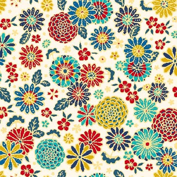 TISSU  MISAKI MEDAILLON JAPONAIS FLEURS TURQUOISE