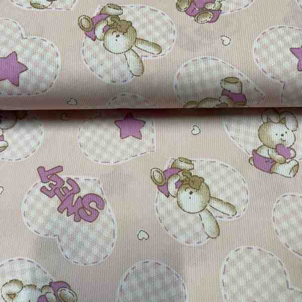 TISSU PIQUE DE COTON PETIT COEUR LAPIN ROSE