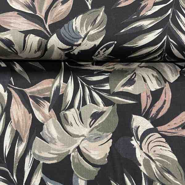 TISSU COTON IMPRIME FEUILLAGE FOND NOIR