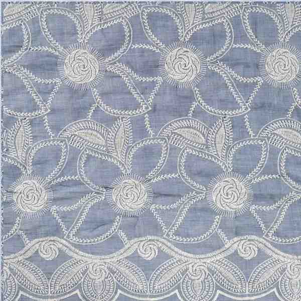 TISSU COTON BLEU BRODERIE FLEURS
