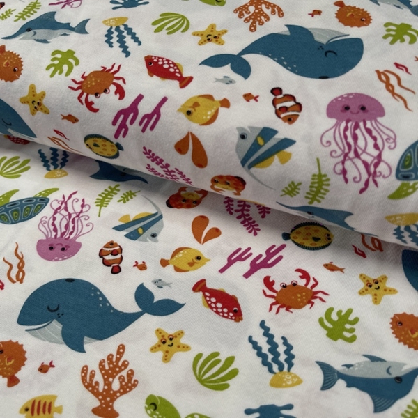 TISSU JERSEY COTON BALEINE ET POISSONS