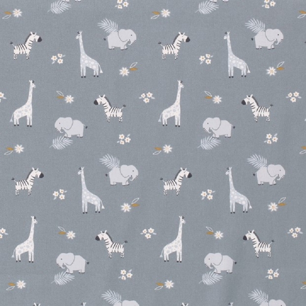TISSU POPELINE COTON GIRAFE ELEPHANT ZEBRE GRIS