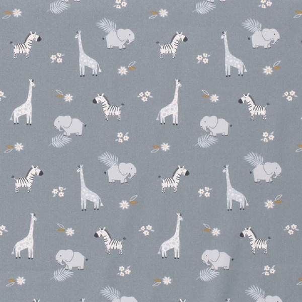 TISSU POPELINE COTON GIRAFE ELEPHANT ZEBRE GRIS