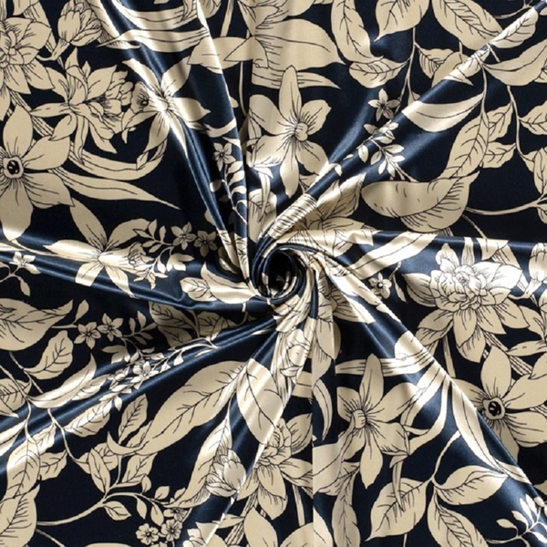 TISSU SATIN BLEU CANARD FLEUR BEIGE