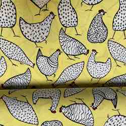 TISSU COTON PAQUES LES POULES FOND JAUNE