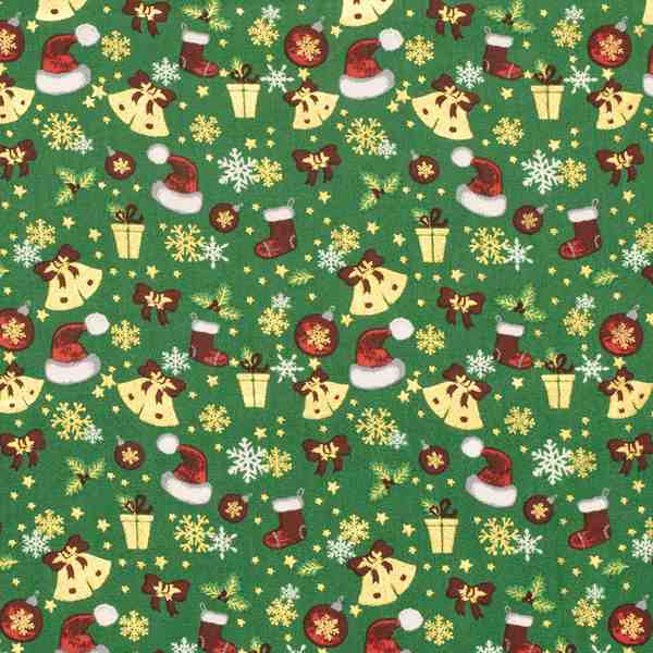 TISSU COTON NOËL FOND VERT CLOCHES ET TRADITION