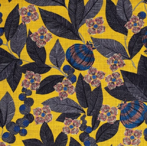 TISSU LIN VISCOSE FRUIT DU PARADIS FOND LIN JAUNE