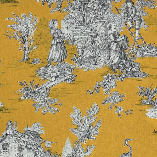 TISSU TOILE DE JOUY PASTORALE JAUNE GRIS