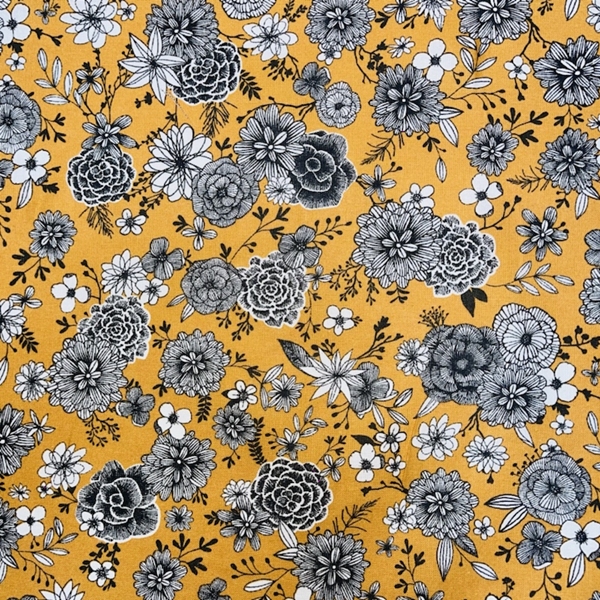 TISSU COTON FLORAL JAUNE CURRY