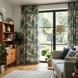 TISSU ASPECT LIN HANOI FLORAL VERT SAUGE ET BLEU