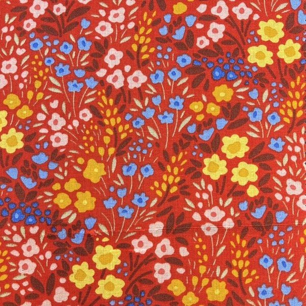 TISSU COTON IMPRIME FLEUR JAUNE BLEU ROUGE