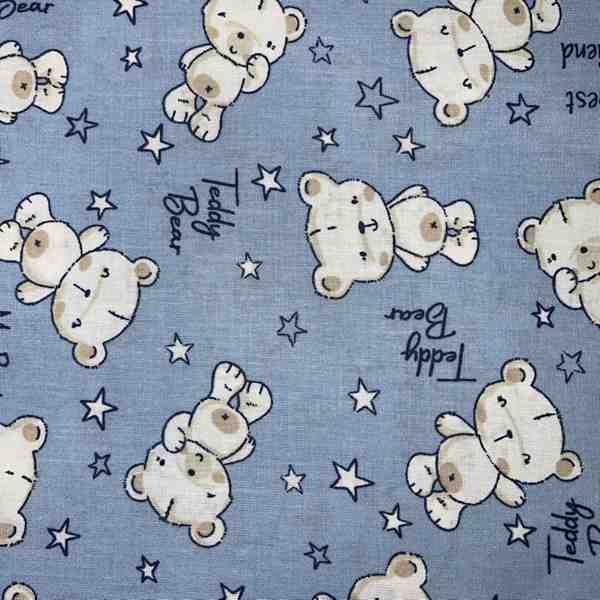 TISSU COTON IMPRIME OURS FOND BLEU