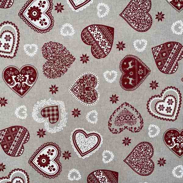 TISSU TOILE FOND LIN COEURS ROUGES 