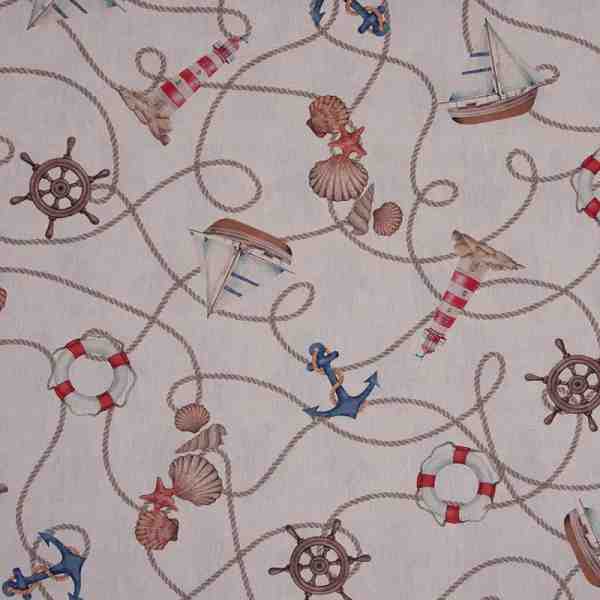 TISSU ASPECT LIN IMPRIMÉ MARIN BEIGE ET BLEU