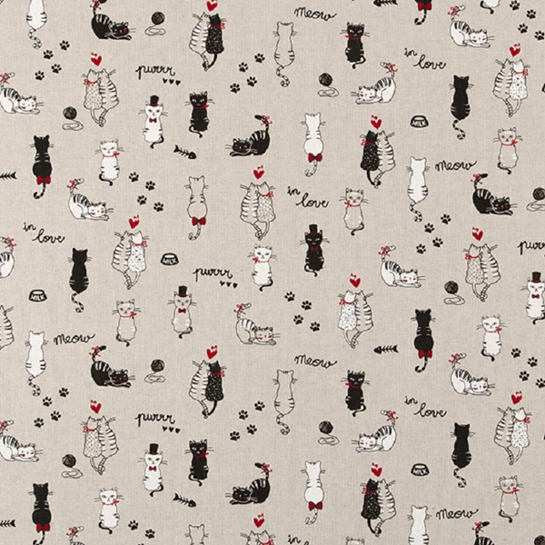 TISSU TOILE ASPECT LIN CHAT NOIR ET BLANC 