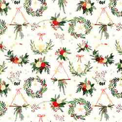 TISSU COTON NOËL COURONNES FLORALES FOND ÉCRU