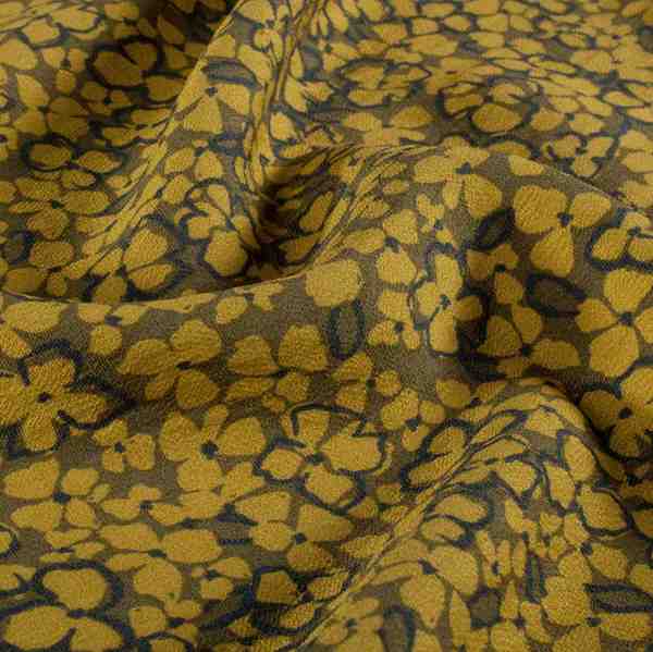 TISSU VISCOSE-OTTOMAN IMPRIMÉ FLORAL MOUTARDE KAKI