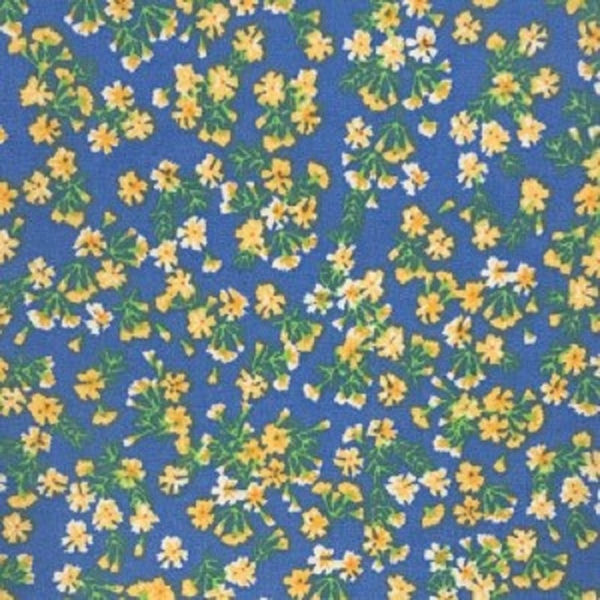 TISSU COTON IMPRIME PETITE FLEUR JAUNE FOND BLEU 