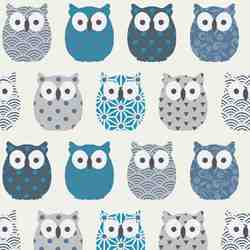 TISSU COTON MFTA HIBOUX GRAPHIQUES BLEU CANARD