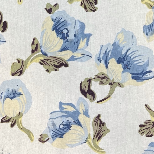 TISSU COTON IMPRIME FLEUR BLEU FOND BLANC