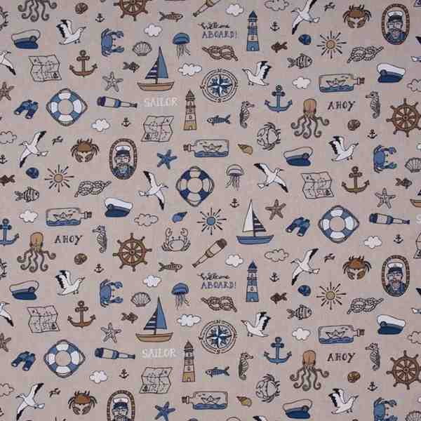 TISSU ASPECT LIN MARIN MOTIFS NAUTIQUES