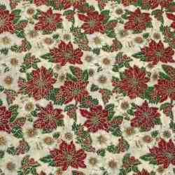 TISSU COTON FLEURS DE NOL POINSETTIA FOND ECRU