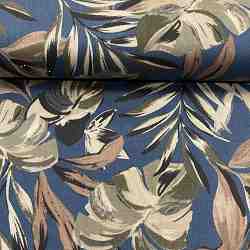 TISSU COTON IMPRIME FEUILLAGE FOND BLEU MARINE