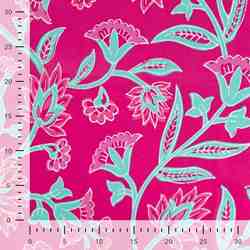 TISSU COTON IMPRIMÉ FLORAL TURQUOISE FOND ROSE