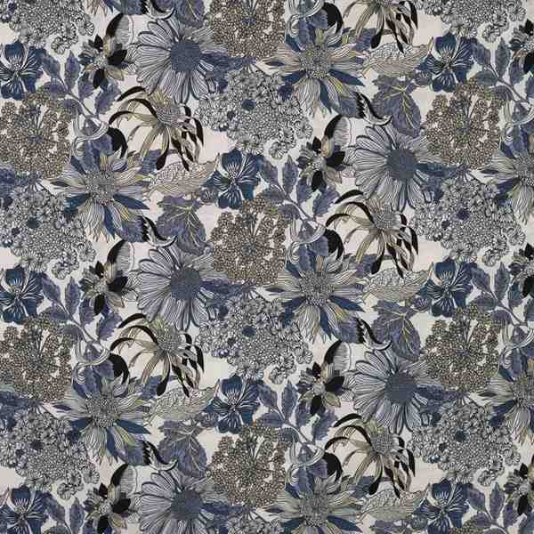 TISSU COTON LIN IMPRIMÉ FLORAL BLEU ET ÉCRU