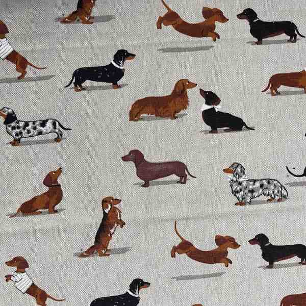 TISSU ASPECT LIN MOTIF CHIENS TECKELS