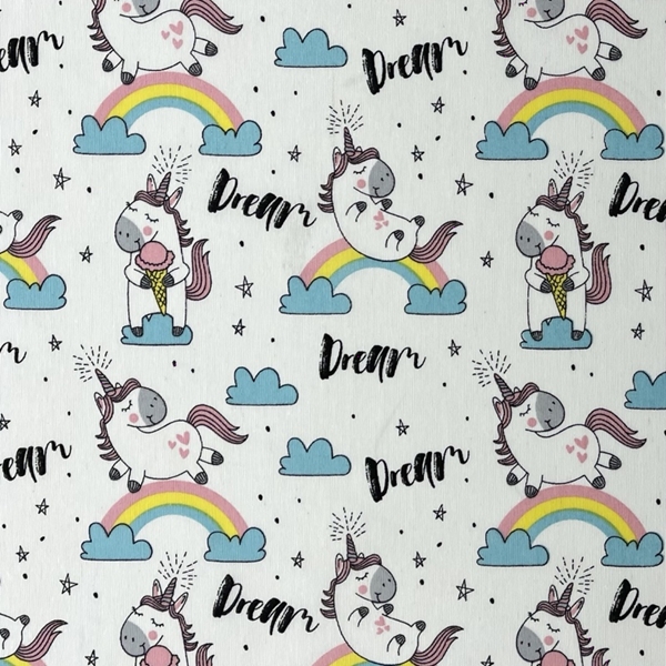 TISSU TOILE LICORNE ARC EN CIEL FOND BLANC 