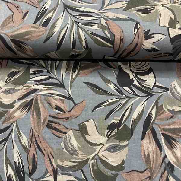 TISSU COTON IMPRIME FEUILLAGE FOND BLEU GRIS