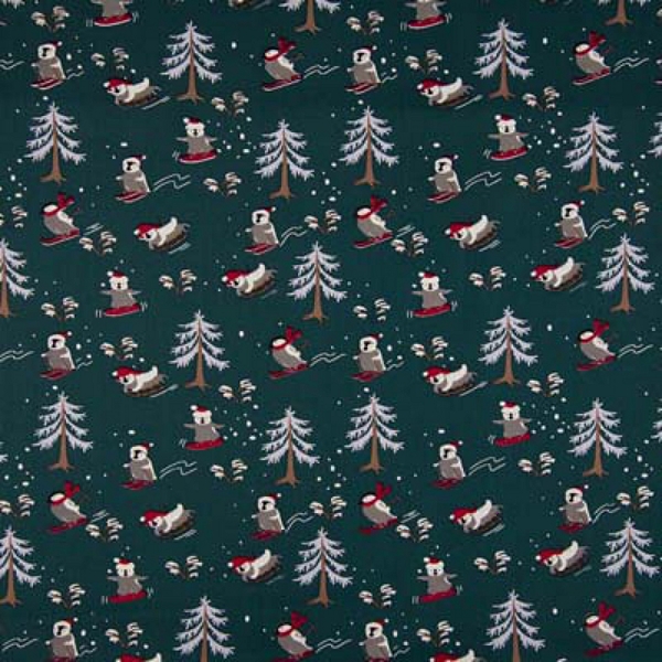  TISSU POPELINE DE COTON PINGOUIN DE NOEL VERT