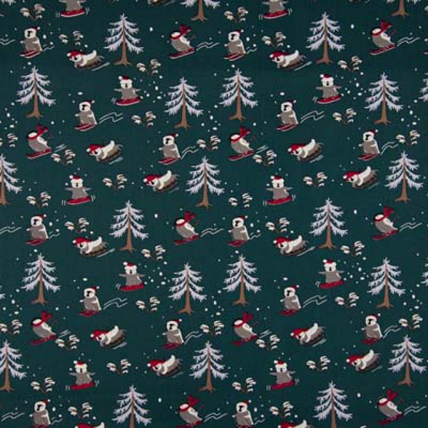  TISSU NOEL COTON FOND VERT PINGOUIN EN GLISSADE 