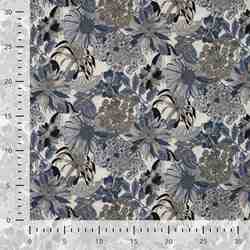 TISSU COTON LIN IMPRIMÉ FLORAL BLEU ET ÉCRU
