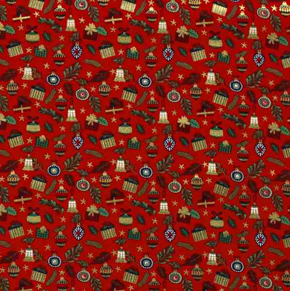 TISSU NOËL COTON GUIRLANDE CADEAUX & BOULES ROUGE